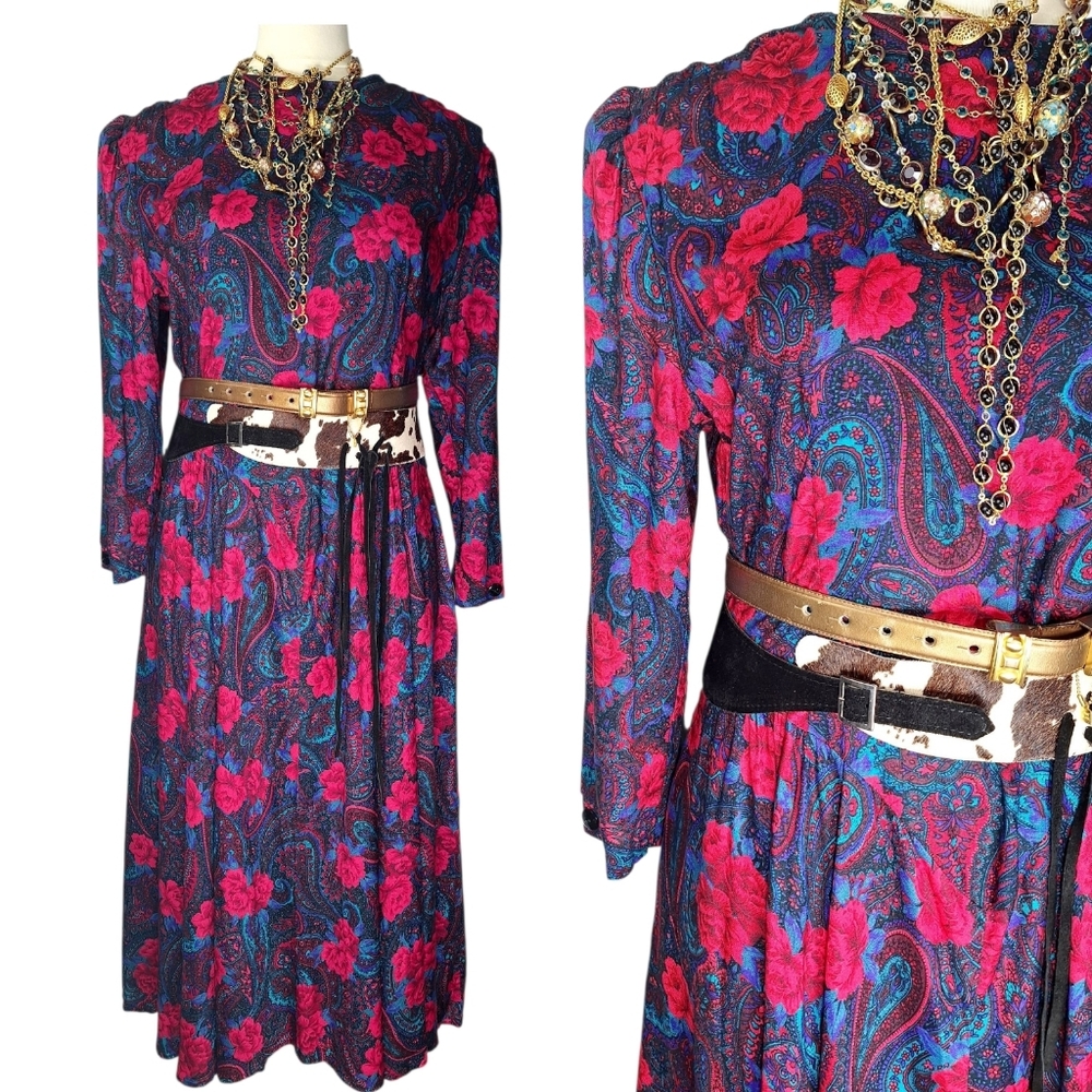 Vintage 80s Venezia Floral Paisley Maxi Dress Womens XL Dark Academia Romantic